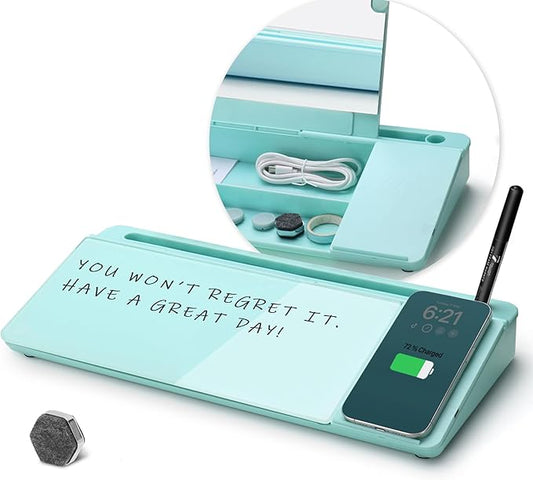 TOWON Desktop Glass Whiteboard with Charger Pad, Whiteboard for Desk with Charging Station, Desk Buddy Dry Erase with Charger for Home Office, Dry Erase Computer Desk Notepad, Teal Blue, 17 x 6 Inches