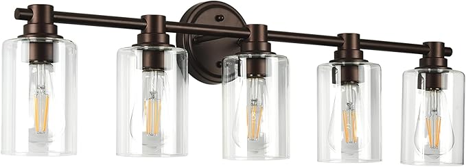 Bathroom Light Fixtures Wall Sconce Light with Clear Glass Oil Rubbed Bronze 5 Lights Bathroom Lighting Over Mirror Vanity Lights for Living Room,Bedroom,Restroom,Hallway E26 Base