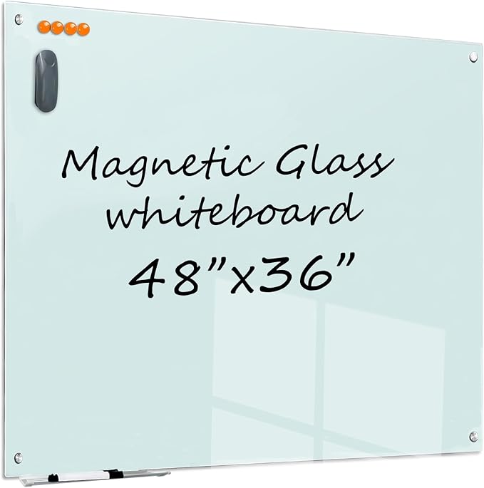 Glass Dry Erase White Board - Magnetic Glass Whiteboard 48"X36" Frameless Boards with Super Strong Magnets, Wall Mounted for Office, School and Home