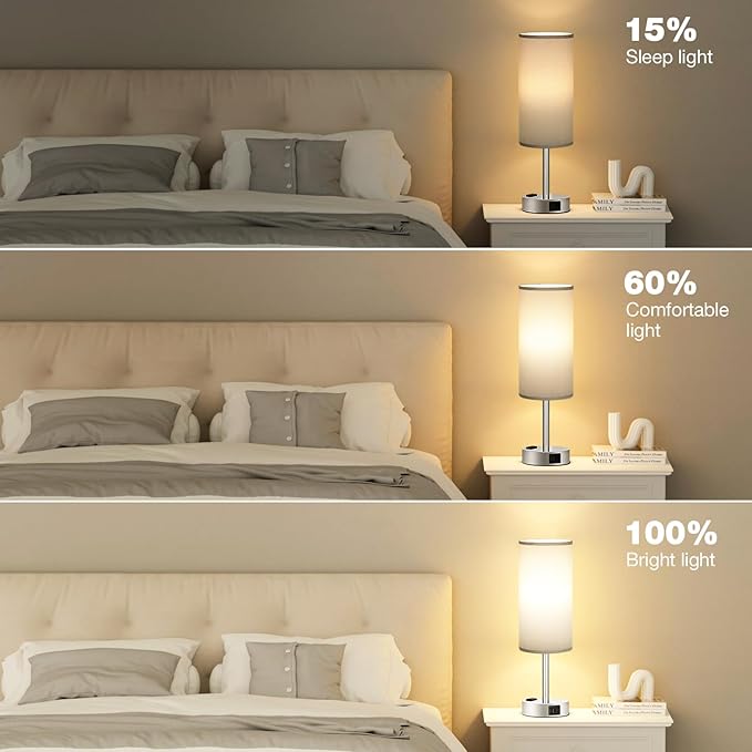 Grey Nightstand Table Lamp for Bedroom - 3 Way Dimmable Bedside Lamp USB C A Charging Ports and AC Outlet, Small Table Lamp Silver Base for Living Room, Office Desk, LED Bulb Included