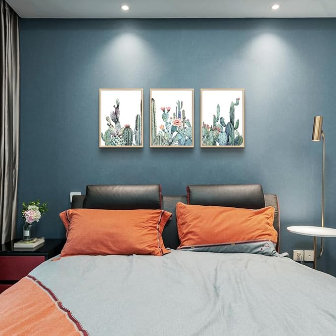 Framed Wall Art For Living Room Wall Decor Bedroom Wall Picture Artwork Of 3 Piece Green Plants Succulent Cactus Flower Painting Ready To Hang Modern Kitchen Home Decoration (Natural Wood Framed)