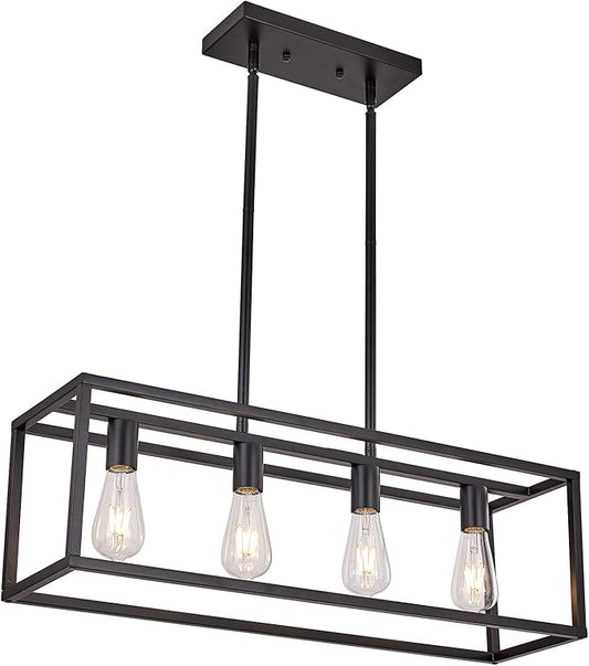 Farmhouse Rectangle Chandeliers for Dining Rooms, Modern Linear Hanging Light Fixture Matte Black 4-Light Industrial Pendant Lighting for Kitchen Island