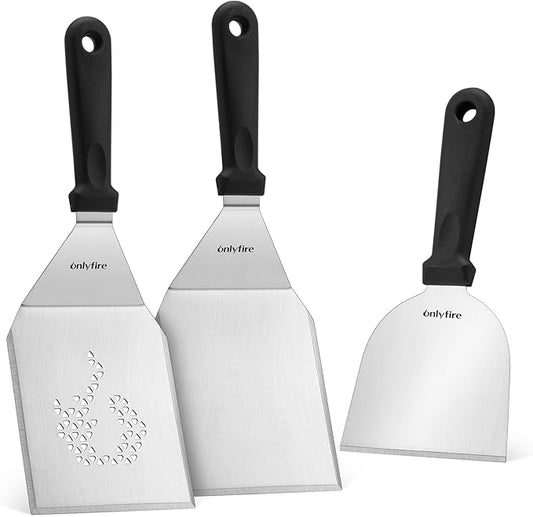 onlyfire 3PCS Stainless Steel BBQ Griddle Tools, Multifunctional Grill Utensil Set Including 2 Wide Spatulas, 1 Chopper/Scraper for Blackstone and Camp Chef