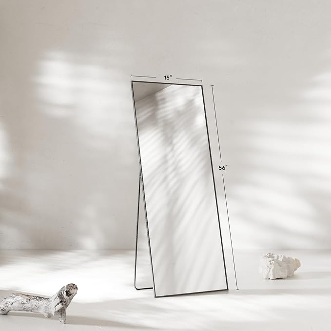 56"x15" Full Length Mirror, Black Tempered Glass Rectangle Floor Standing Mirrors,Wall Mounted Hanging Aluminum Alloy Frame Bedroom Floor