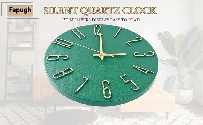 Faupugh 12 inch Silent Wall Clock, Battery Powered Wall Clock, Suitable for Home, Office, School, Kitchen, Bedroom, Living Room (Grass Green)