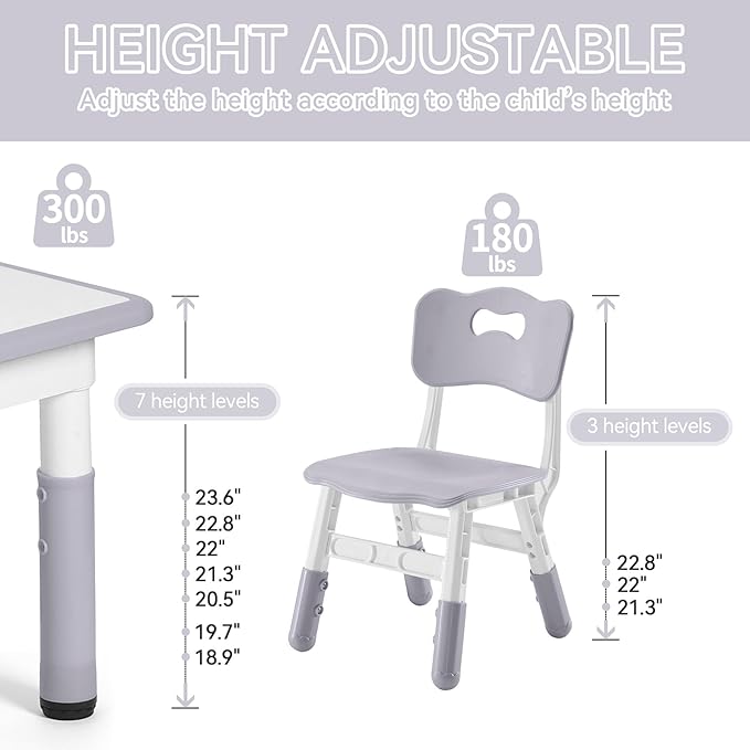 Toddler Table and Chairs Set for 4, 47.2''L x 23.6''W Kids Study Table and Chair Set, Height-Adjustable, Graffiti Desktop, Children Activity Table for Daycare, Classroom, Home