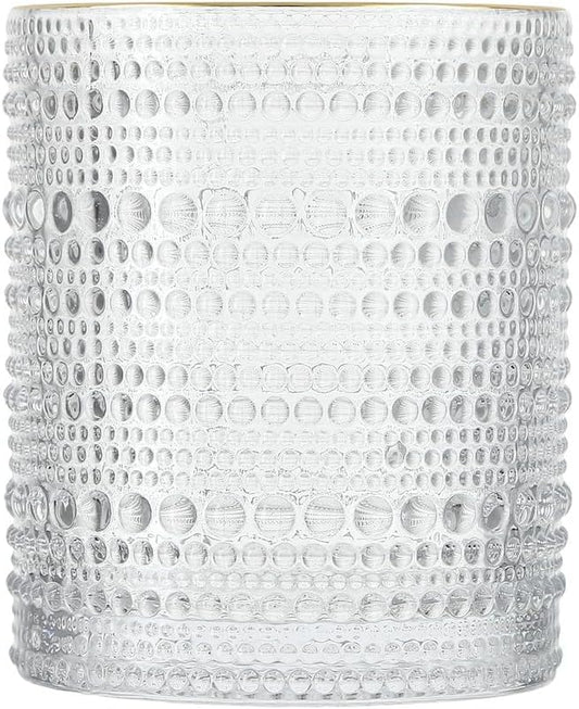 Fortessa Jupiter Beaded Hobnail Glass, 10 Ounce Double Old Fashioned (Set of 6), Gold Rim Clear