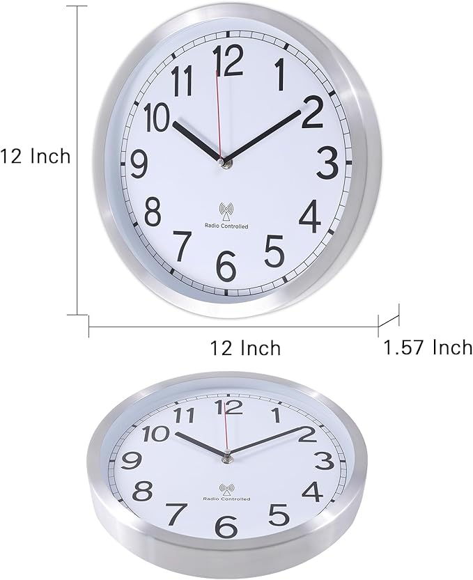 Atomic Analog Wall Clock, 12Inch Radio Controlled Sets Automatically Wall Clock Decorative for Living Room Office School