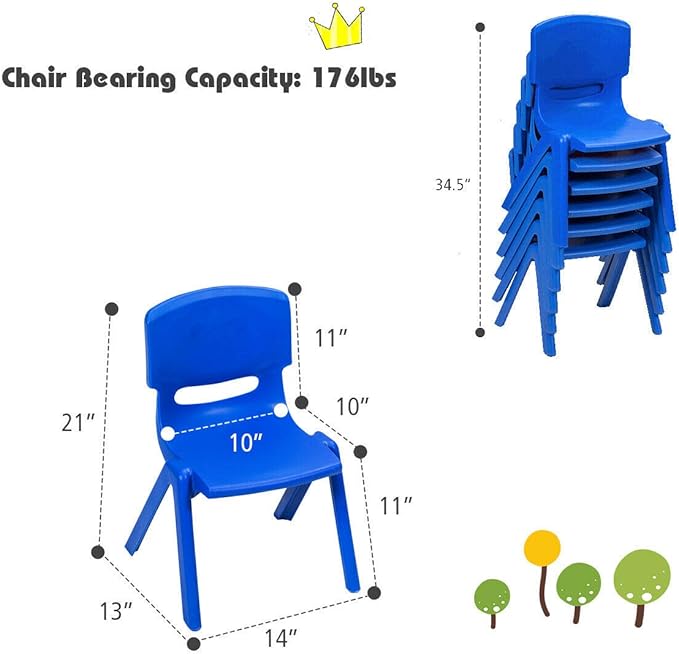 Costzon Plastic Stackable School Chairs, 6 Pack, Kids Learning Chairs with 11 inch Seat Height, Carrying Handle, Waterproof Children Chairs for Playrooms, Schools, Daycares and Home (6 Pack, Blue)