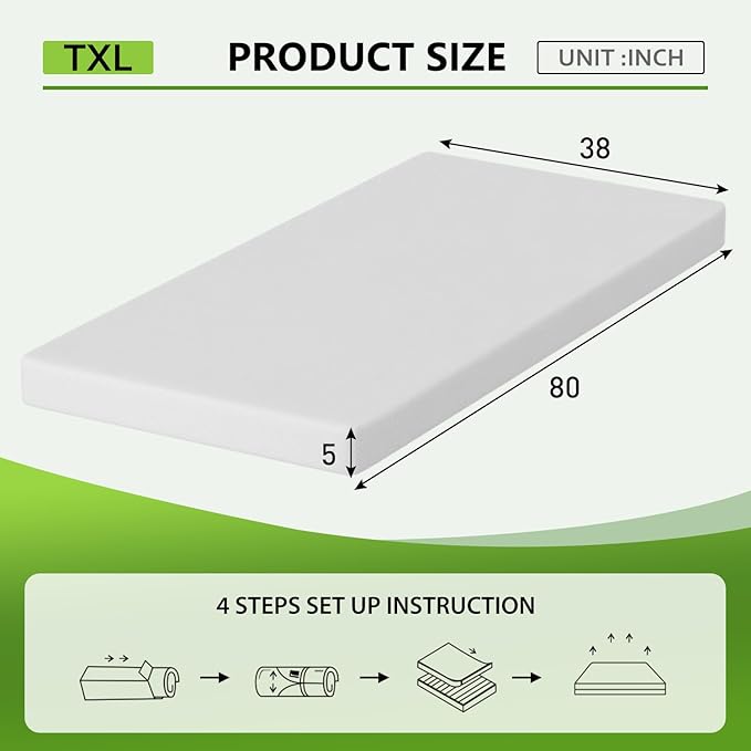 PayLessHere 5 Inch Gel Memory Foam Mattress Medium Firm Mattresses CertiPUR-US Certified Bed-in-a-Box Pressure Relieving Twin XL Size,Fiberglass Free，White