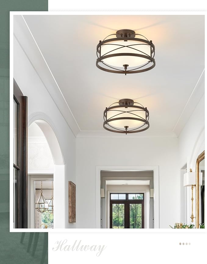 Entryway Drum Light Fixtures, Semi-Flush Mount Rustic Ceiling Light for Hallway Living Room Bedroom Kitchen (Old Bronze Finished)