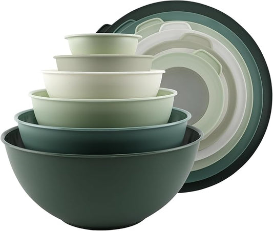 COOK WITH COLOR Mixing Bowls with TPR Lids - 12 Piece Plastic Nesting Bowls Set includes 6 Prep Bowls and 6 Lids - Microwave Safe (Sage)