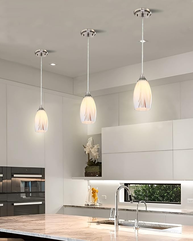 Mini Milk Glass Pendant Lights,Handcrafted Art Glass Pendant Hanging Light fixtures with Brushed Nickel Finish Adjustable Cord Glass Pendant Light Shade for Kitchen Island,Hallway,Dining Room