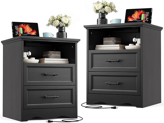 Set of 2 Farmhouse Nightstands with Charging Station, Black End Tables with 2 Drawers Storage, Space-Saving Wood Storage Cabinets with Unique Base Design, Bedside Tables for Bedroom, Living Room