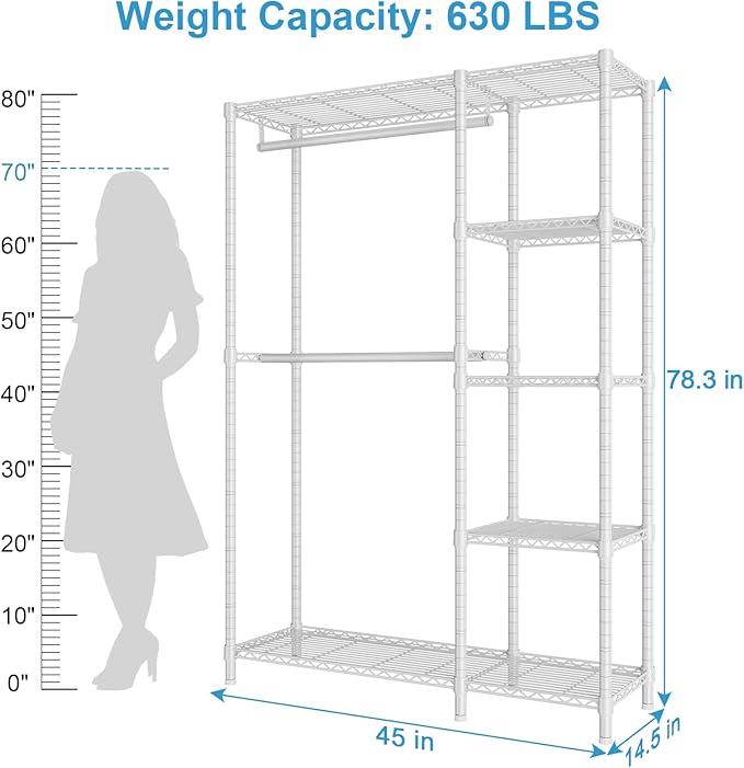 Ulif F2 Clothes Rack, 5 Tiers Heavy Duty Garment Rack for Bedroom, Freestanding Adjustable Closet Storage Organizer, 45" W x 14.5" D x 78.3" H, Load 630lbs, White