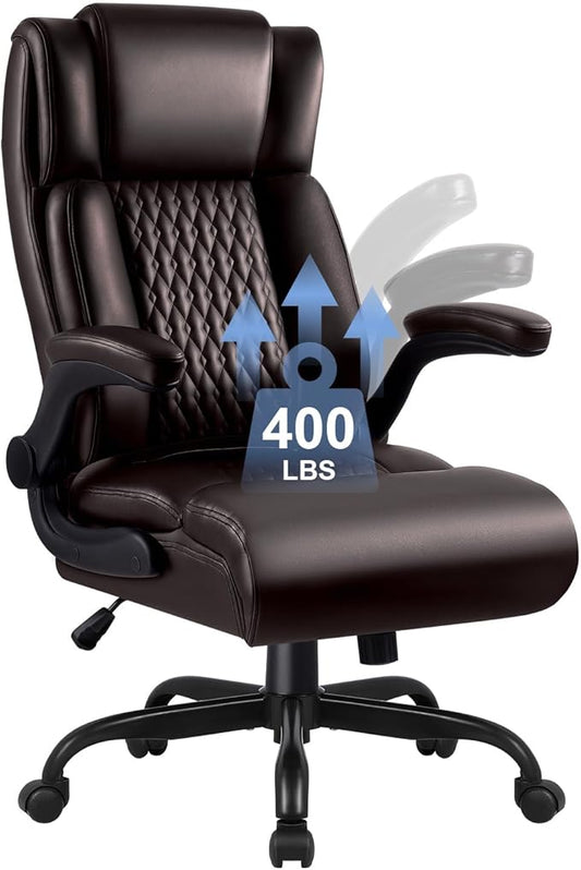Ergonomic Leather Office Chair Desk Computer Chair, Comfortable High Back Office Chair with Adjustable Flip-up Armrest, Brown Executive Leather Office Desk Chair with Lumbar Support
