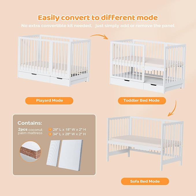 JOYMOR 8 in 1 Convertible Crib with Changer, Include 2” Mattress, Converts to Bassinet, Mid Crib, Full Size Crib, Daybed,Toddler Bed and Playard (Crib with Drawer, White)