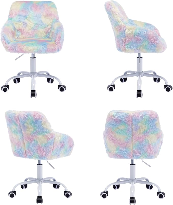 DUOMAY Kids Desk Chair, Faux Fur Colorful Upholstered Computer Chair for Boys and Girls, Cute Study Swivel Height Adjustable Arm Chair for Child, Rainbow Color