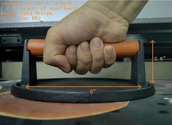 Cast Iron Grill Presses with Wood Handle (Round w Flat Bottom)