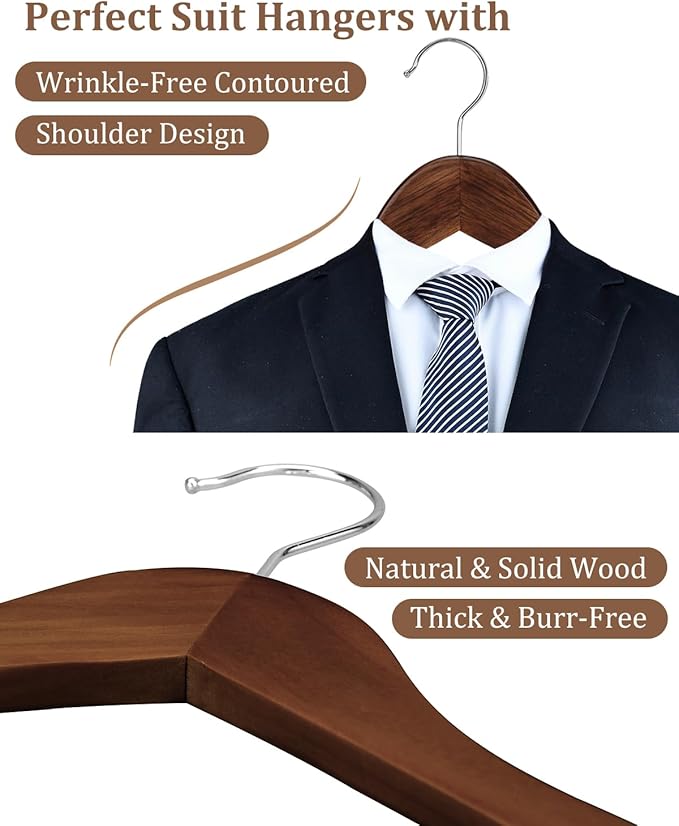 AMKUFO Wooden Hangers 20 Pack Wood Suit Hanger Non Slip Coat Hangers with Smooth Fnish Cut Notches 360° Swivel Hook Clothes Hangers for Jeans Pants Jackets Shirts Dresses, Walnut