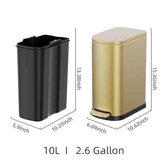 2.6 Gallon Slim Bathroom Trash Can with Soft Close Foot Pedal, 10L Stainless Steel Garbage Can with Removable Liner Bucket, for Narrow Spaces, Bedroom, Gold