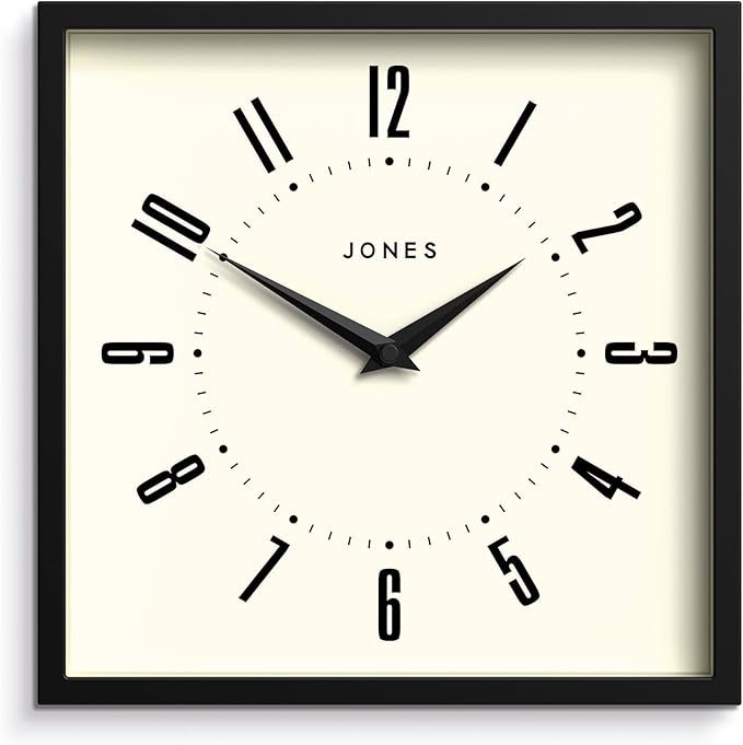 JONES CLOCKS® Box Wall Clock | Retro Square | 10 inch | Black | Easy to Read Numbers | Perfect Kitchen or Office Clock