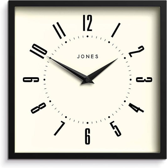 JONES CLOCKS® Box Wall Clock | Retro Square | 10 inch | Black | Easy to Read Numbers | Perfect Kitchen or Office Clock
