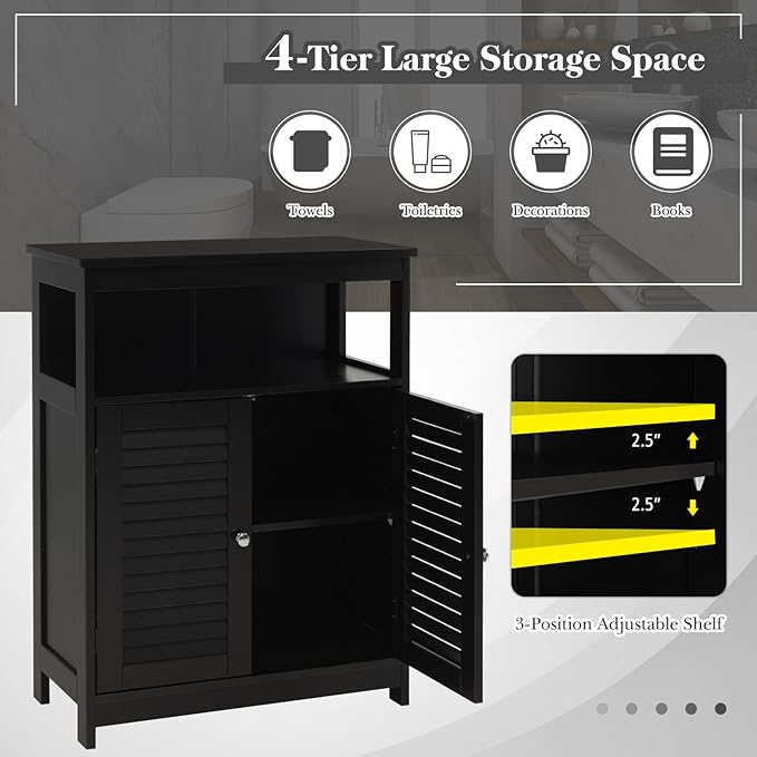 GLACER Bathroom Floor Cabinet, Wooden Storage Cabinet with Double Shutter Doors & 3-Position Adjustable Shelf, Side Storage Organizer, 23.5 x 12 x 31.5 inches (Black)