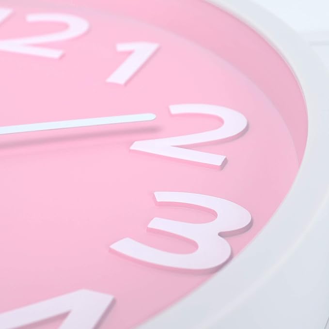 Lafocuse 12 Inch Silent 3D Numbers Pink Wall Clock for Living Room Decor, Battery Operated Pink Clocks for Girls Room Bedroom Kitchen