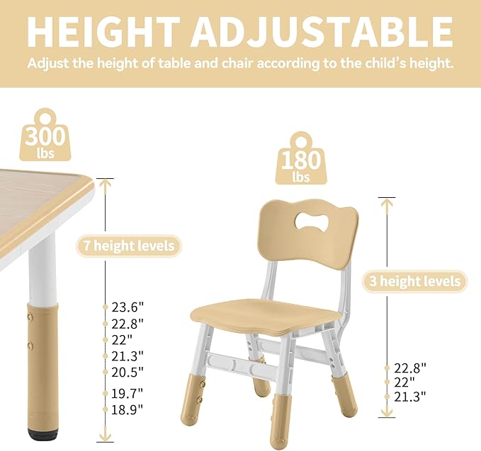 Toddler Table and Chairs Set for 4, 47.2''L x 23.6''W Kids Study Table and Chair Set, Height-Adjustable, Graffiti Desktop, Children Activity Table for Daycare, Classroom, Home