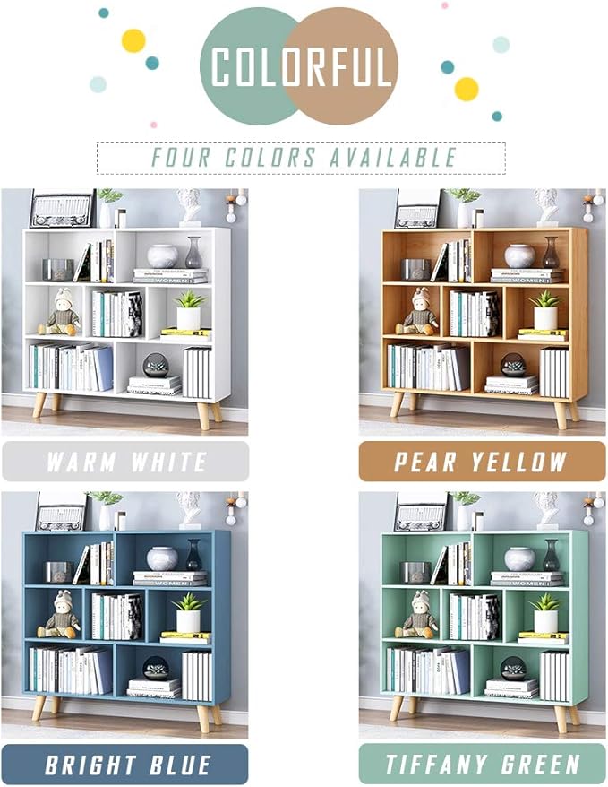 IOTXY Wooden Open Shelf Bookcase - 3-Tier Floor Standing Display Cabinet Rack with Legs, 7 Cubes Bookshelf, Tiffany-Green