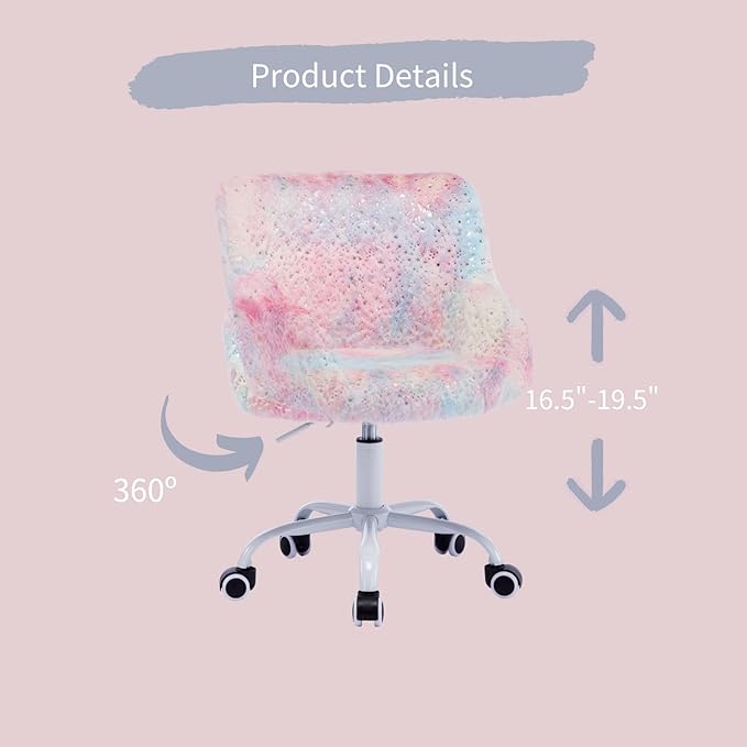 HEAH-YO Swivel Kids Chair with Wheels, Adjustable Kids Desk Chair with Armrest and Back, Cute Faux Fur Kid Study Chairs for Boys and Girls, Light Multi-Colour