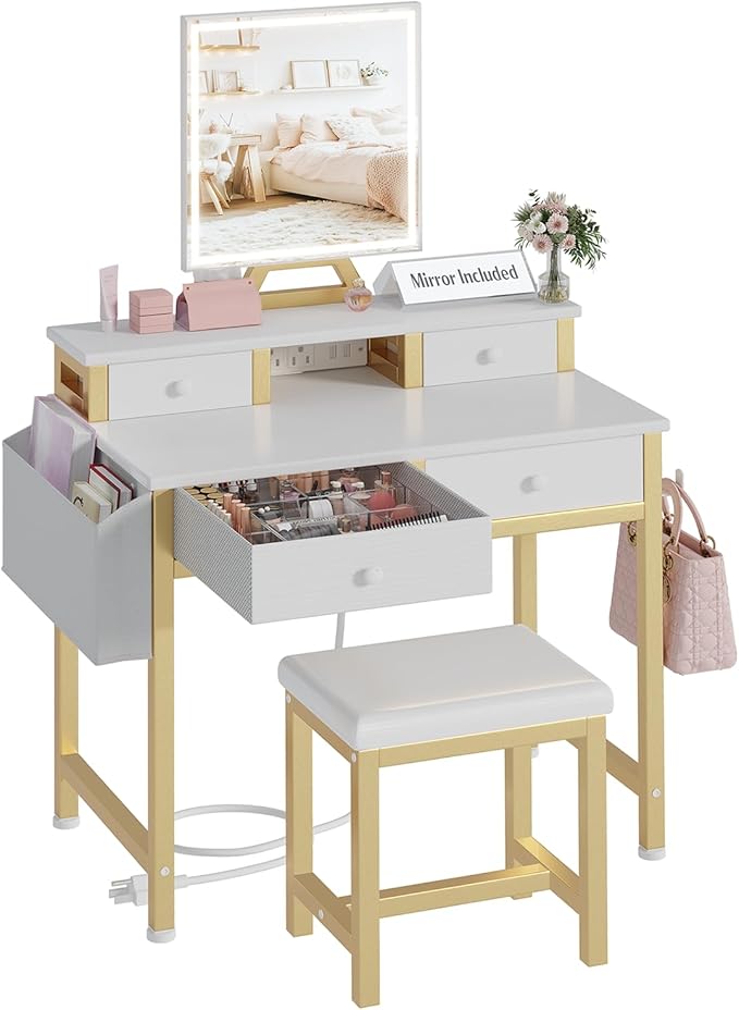 Small Makeup Vanity Desk with Lights, 31 inch Girls Vanity Set with Mirror and Chair, Make Up Dresser Table with Drawers and Power Outlet for Bedroom Small Space, White and Gold