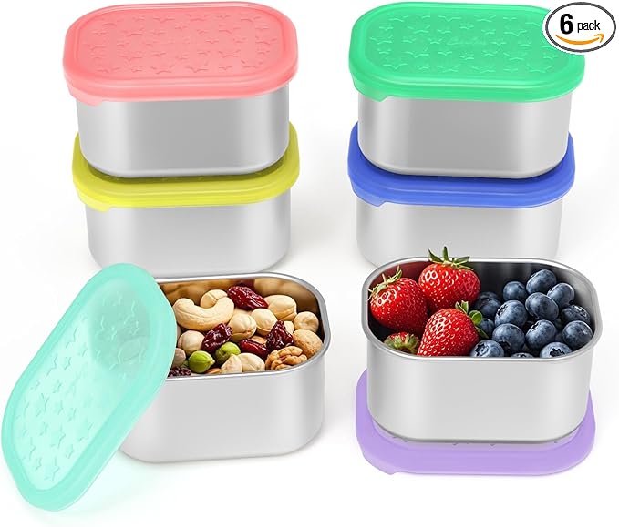 SOPHICO Stainless Steel Snack Containers for Kids, 8 oz Small Food Storage Container with Silicone Lid - Perfect 304 Metal Toddler Lunch Box for Daycare and School, Leak Proof (6 Pack)