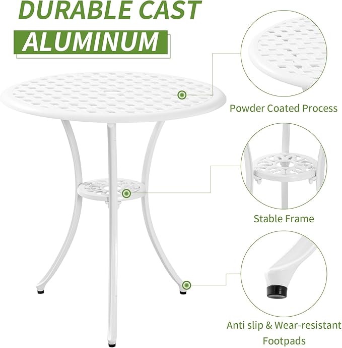 Patio Bistro Set 3 Piece with Umbrella Hole, Outdoor Bistro Table and Chairs Set of 2, Patio Bistro Set 3 Piece White, Cast Aluminum Furniture for Park Yard Front Porch