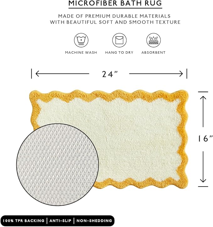 MONDAY MOOSE Bath Mat with Scalloped Wavy Ripple Design, Microfiber Absorbent Non Slip Tufted Rug for Floor, Shower or Kitchen (16x24 inch, Yellow)