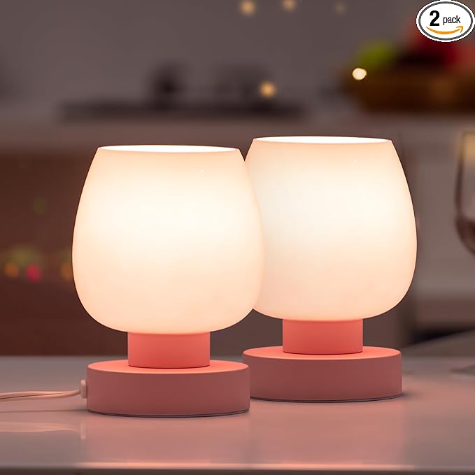 Touch Bedside Table Lamps Set of 2, Dimmable Small Nightstand Lamps for Bedroom, Modern Simple Design, Pink