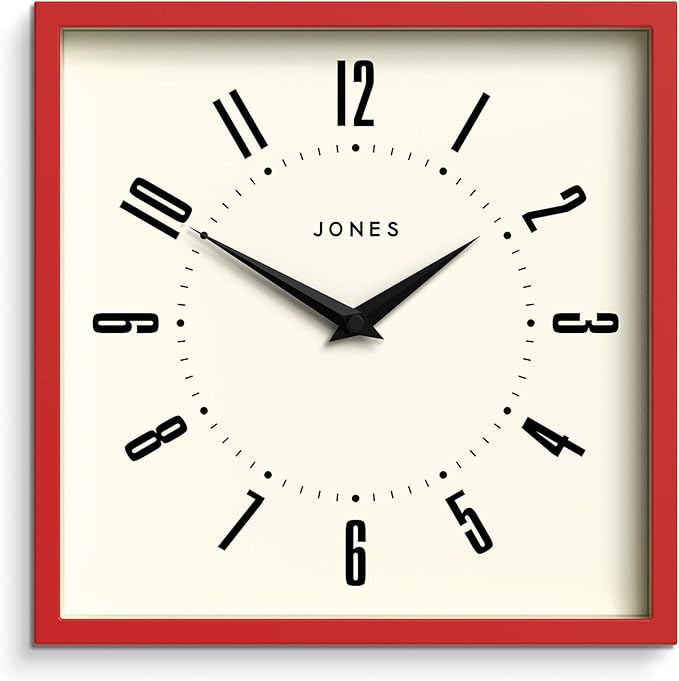 JONES CLOCKS® Box Wall Clock | Retro Square | 10 inch | Red | Easy to Read Numbers | Perfect Kitchen or Office Clock