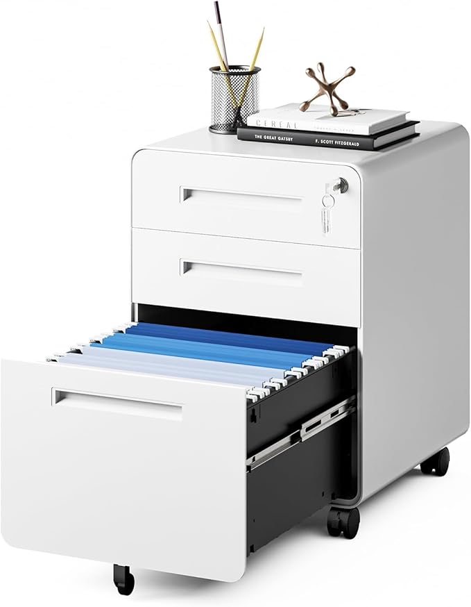 MIIIKO Mobile Filing Cabinet 3 Drawer, White Small File Cabinet with Lock Under Desk, Filing Cabinets for Home Office with Wheels, A4/Letter/Legal Hanging File Folders