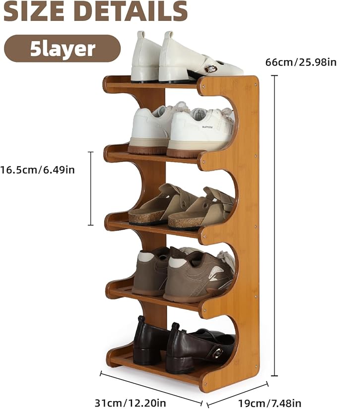Multi-Tier Bamboo Shoe Rack, 30cm Narrow Standing Shoe Organizer for Closet Entrance, Space Saving Shoe Shelf, Sturdy Shoe Stand for Men and Women(5 Layers)