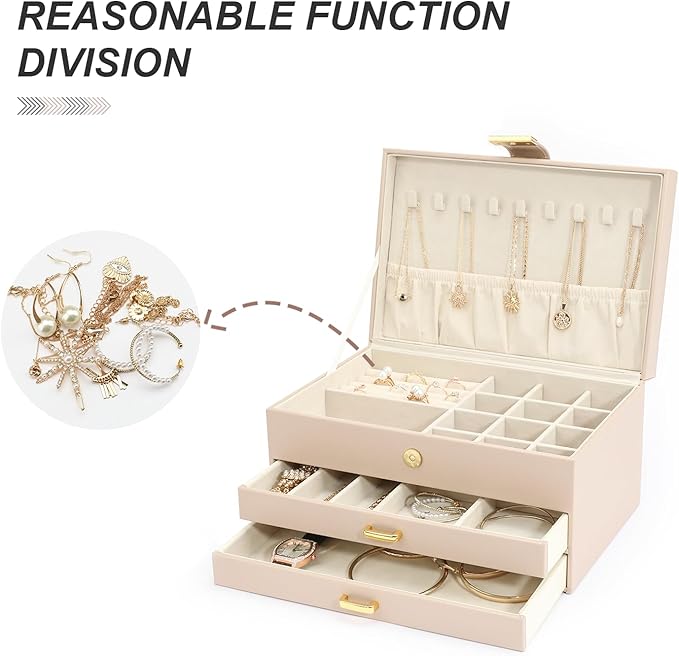 Jewelry Box, 3-Tier with 2 Drawers, Beige, Modern, Women's Jewelry Organizer