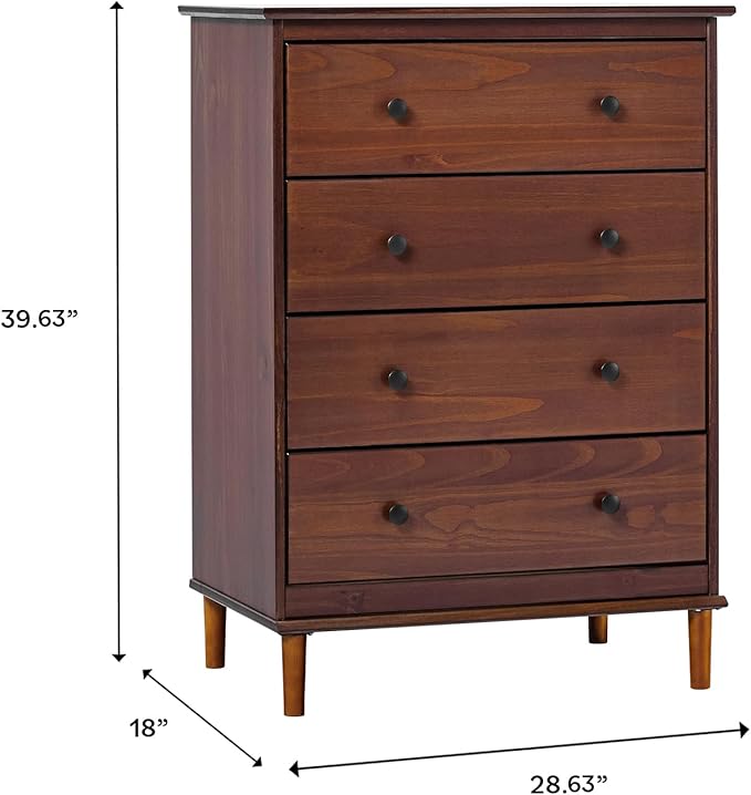 Walker Edison Modern Tall 4-Drawer Solid Wood Dresser Bedroom Storage Drawer Organizer Closet Hallway, 40 Inch, Walnut