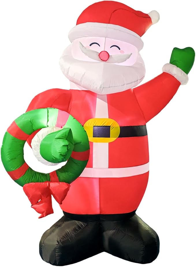 Giant Inflatable Santa Claus Christmas Decoration, 8Ft LED Lighted Outdoor Holiday Decor with Wreath, Fast Self-Inflating, Yard Lawn Garden Display