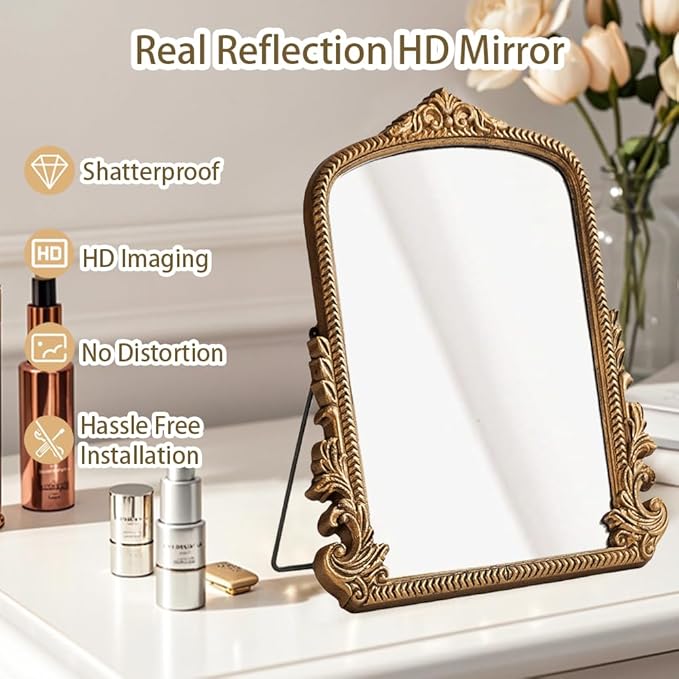 Small Antique Gold Arched Table Mirror - Vintage Vanity Makeup Mirror, Traditional Baroque Style Decor for Bedroom, Living Room, Tabletop 11.8" x 9.6"