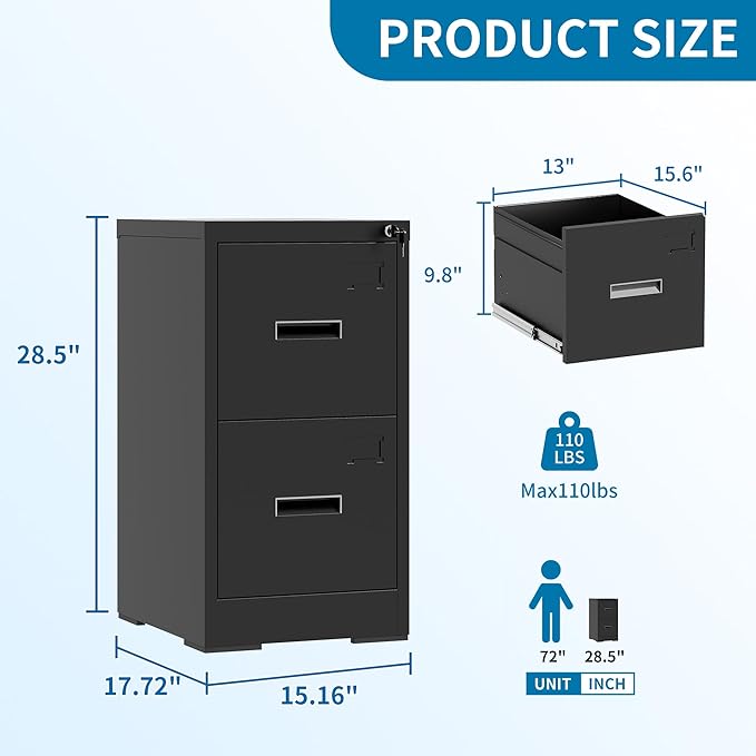 AQY 2 Drawer File Cabinet with Lock, Metal Black Filing Cabinet for Home Office, 18" Deep Heavy Duty Vertical Storage Cabinet for Hanging A4/Letter/Legal Size Files, Assembly Required