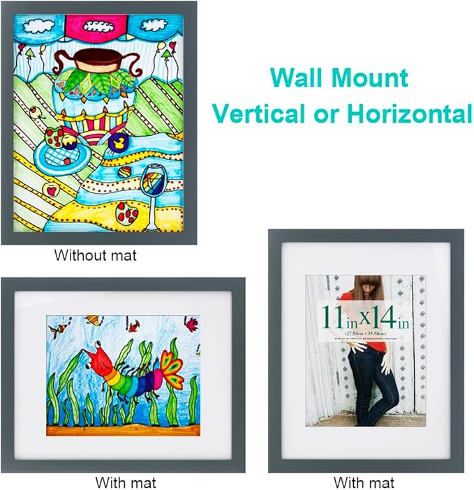 RPJC 11x14 inch Picture Frame Made of Solid Wood and High Definition Glass Display Pictures 8x10 with Mat or 11x14 Without Mat for Wall Mounting Photo Frame Grey