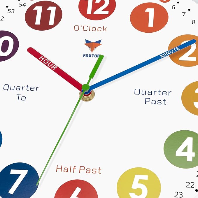 Foxtop Learning Clock for Kids - Telling Time Teaching Clock 12 Inch Silent Non-Ticking Battery Operated Analog Kids Wall Clock for Kids Room Playroom Nursery Classroom School (White)