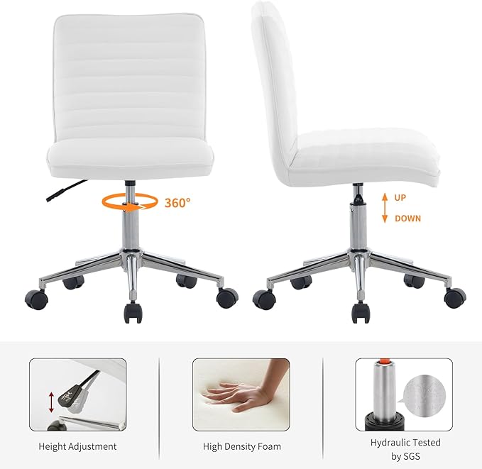 Furnimart Faux Leather Mid-Back Armless Office Desk Adjustable Task Chair Home Office Chair Small Swivel Chair Dorm Chair with Smooth Casters (PU White)