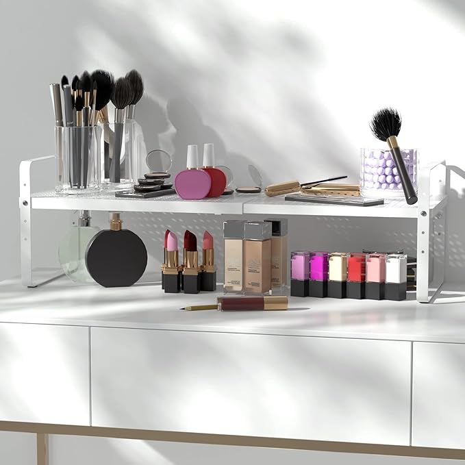 Expandable Kitchen Cabinet Shelf Organizer Rack Heavy Duty Metal Spice Rack Stackable Kitchen Counter Storage Shelf for Kitchen Cabinet Pantry Bathroom (White - 16.5"-27" L x 10.2" W x 9.6" H - 3Pack)