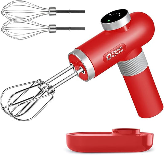 Kitchen in the box Cordless Rechargeable Hand Mixer for Kitchen, Portable Handheld Electric Mixer with Beaters, Whisks, 6-Speed Digital Display, Charging Base and USB-C Charge Cable (Cherry Red)